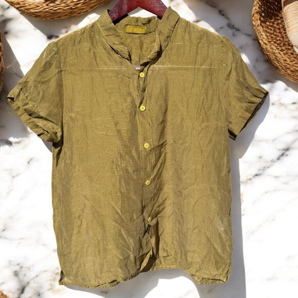 CP Shades Green Cotton Silk Button Down Top Blouse Size Medium Short Sleeves - Picture 2 of 10